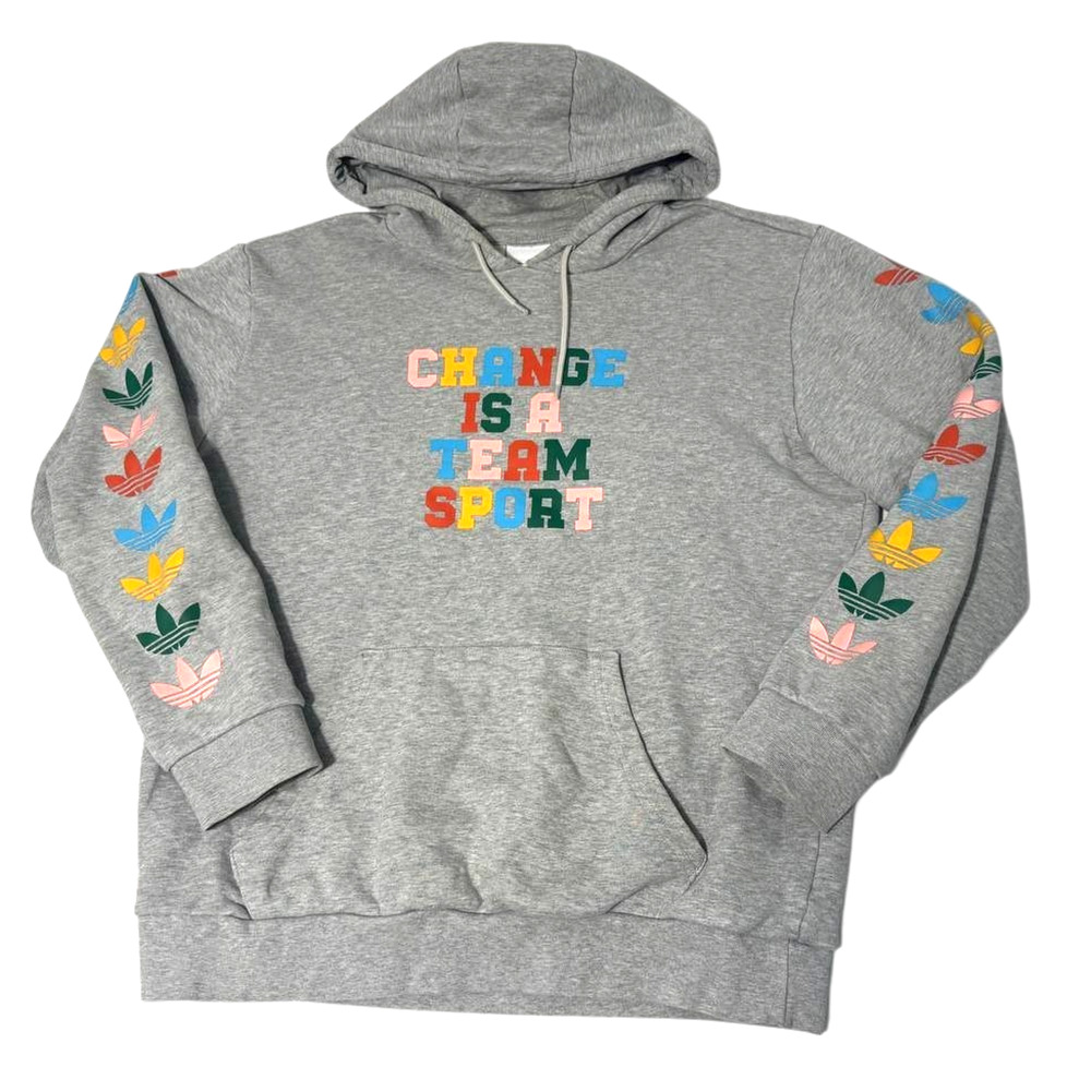 Adidas Originals Hoodie Men Medium Gray Multicolor Trefoil Sleeve Logo Pullover